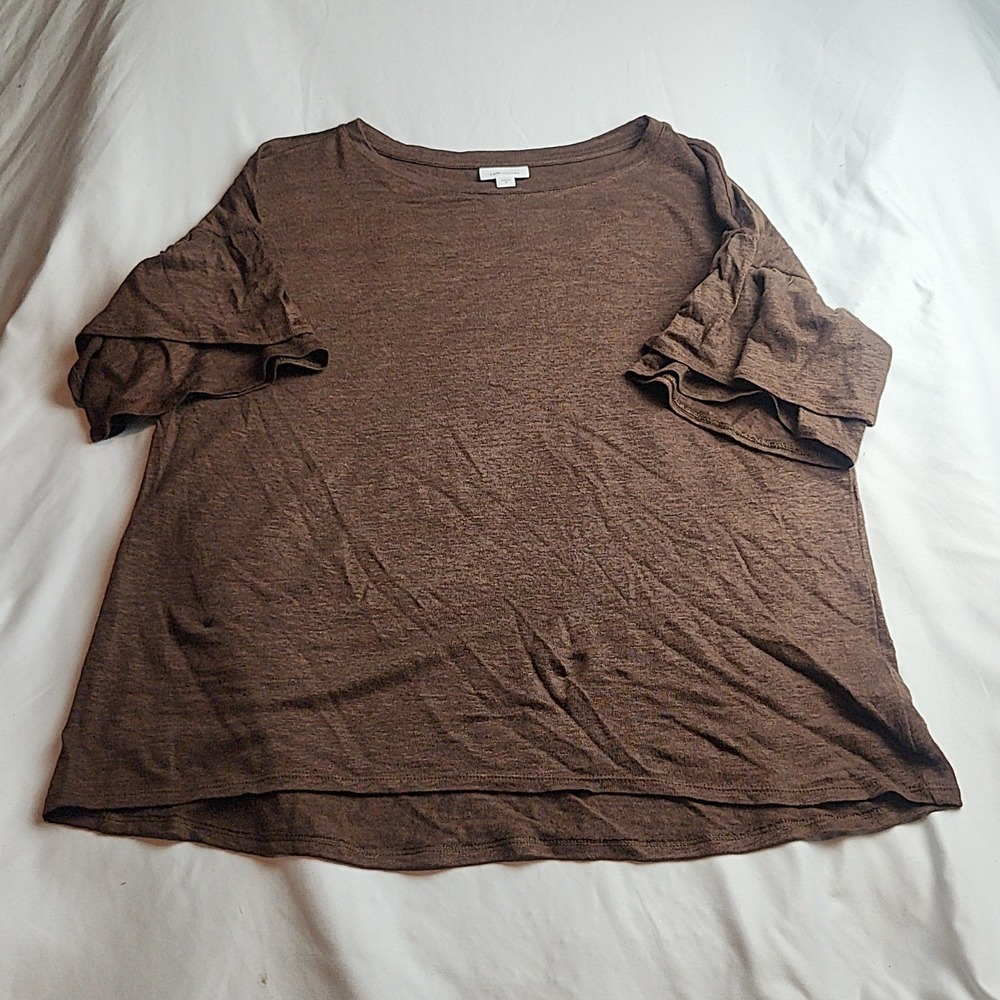 J. Jill Love Linen Top Brown Ruffle Sleeve Scoop Neck Women's Size Medium